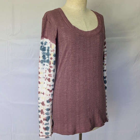Free People Big Sur Top Long Tie Dyed Sleeves Scoop Neck Ribbed Knit Mauve L EUC - Picture 5 of 12